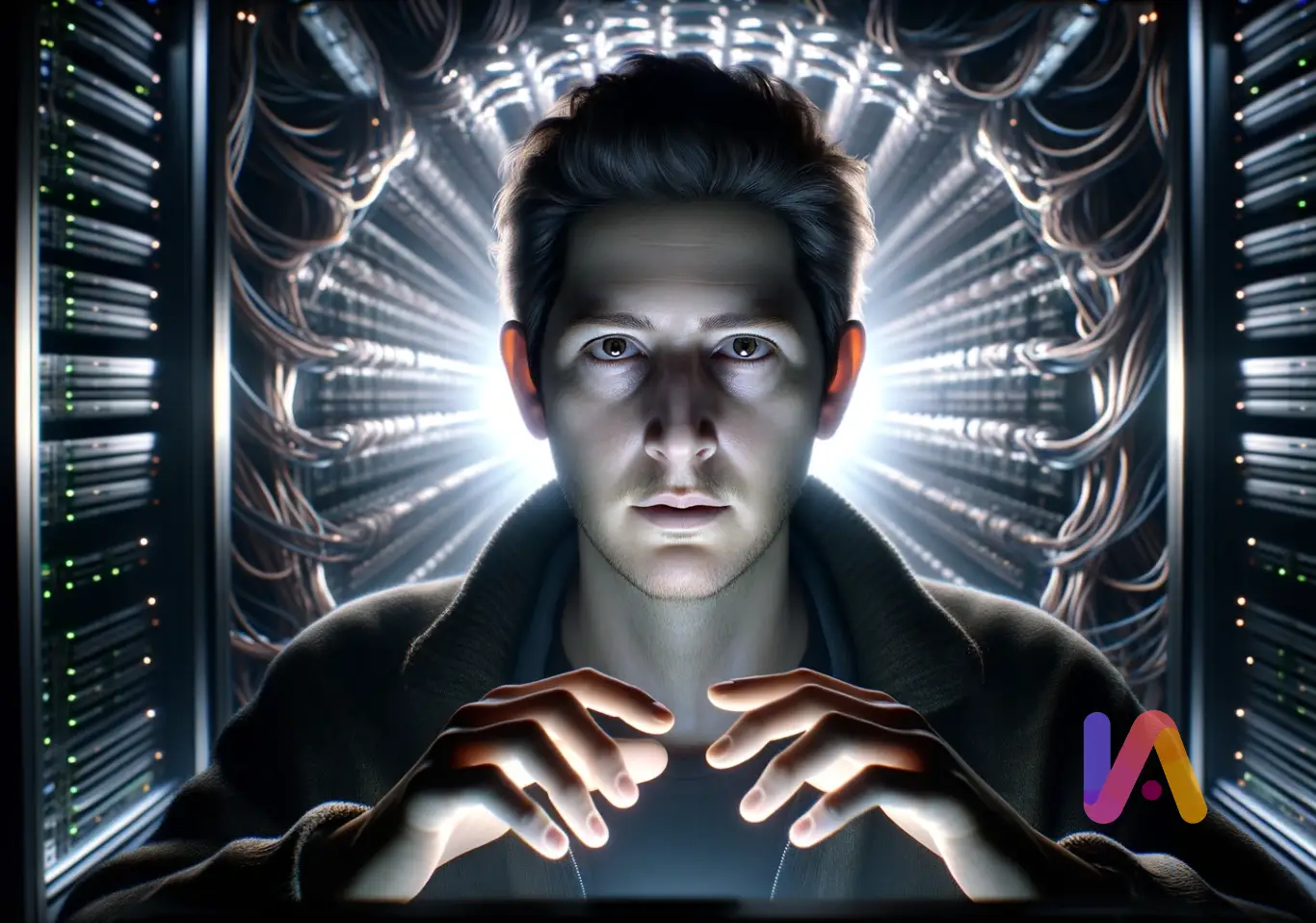 Hombre manipulando un servidor con un halo de misterio.